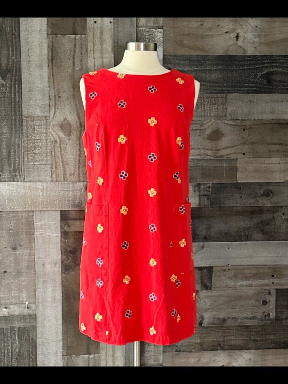 Modcloth floral embroidery red denim dress large retro feminine garden party